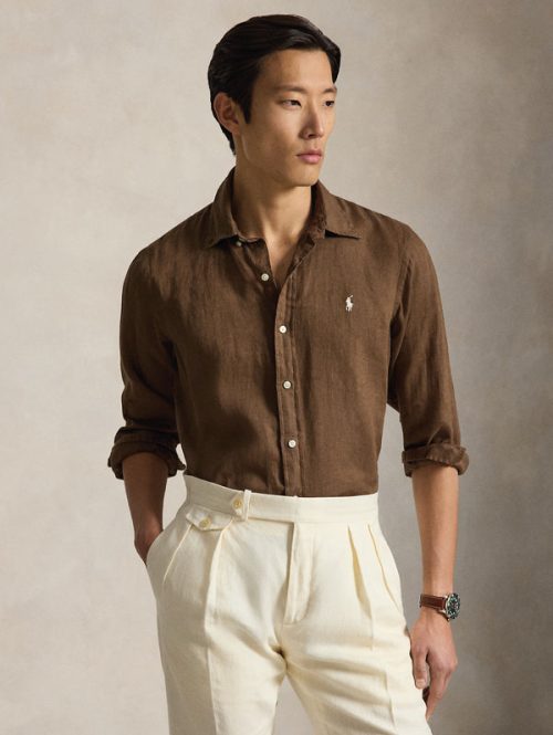 Camicia in Lino Custom Fit Marrone