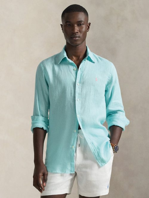 Camicia in Lino Custom Fit Verde Acqua