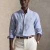 Camicia in Lino Custom Fit a Righe Blu