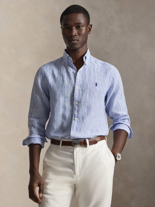Camicia in Lino Custom Fit a Righe Blu/Bianco