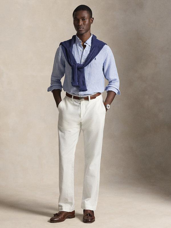 Camicia in Lino Custom Fit a Righe Blu