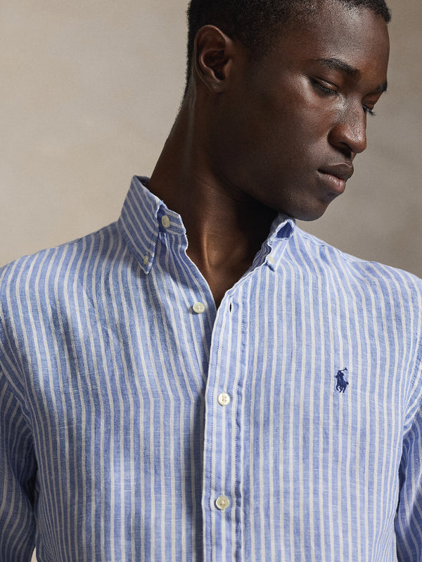 Camicia in Lino Custom Fit a Righe Blu
