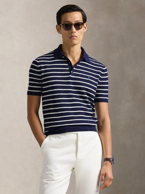 Polo in Maglia Regular Fit a Righe Blu/Bianco