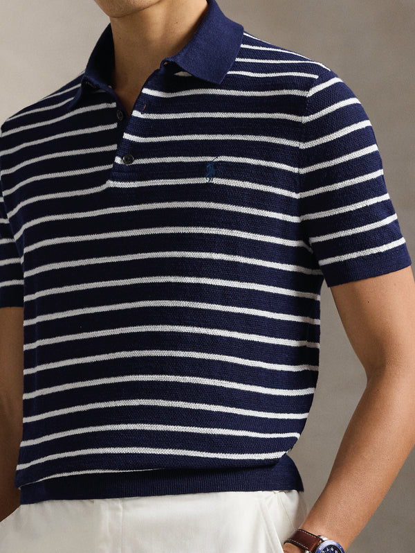 Polo in Maglia Regular Fit a Righe Blu/Bianco