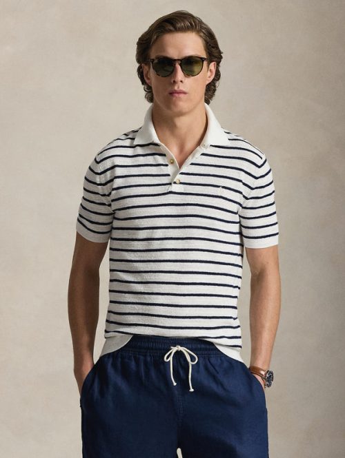 Polo in Maglia Regular Fit a Righe Bianco/Blu