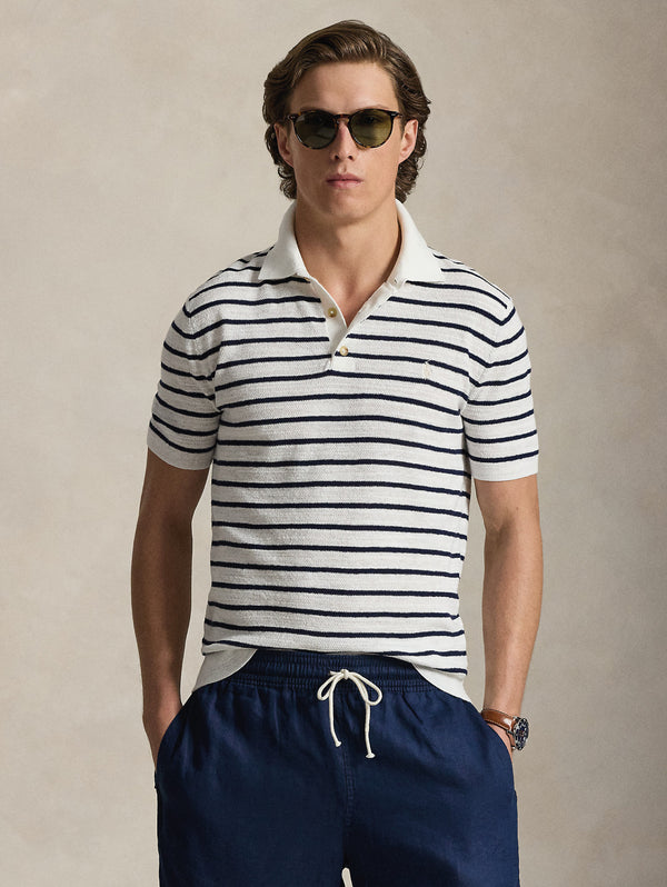 Polo in Maglia Regular Fit a Righe Bianco/Blu