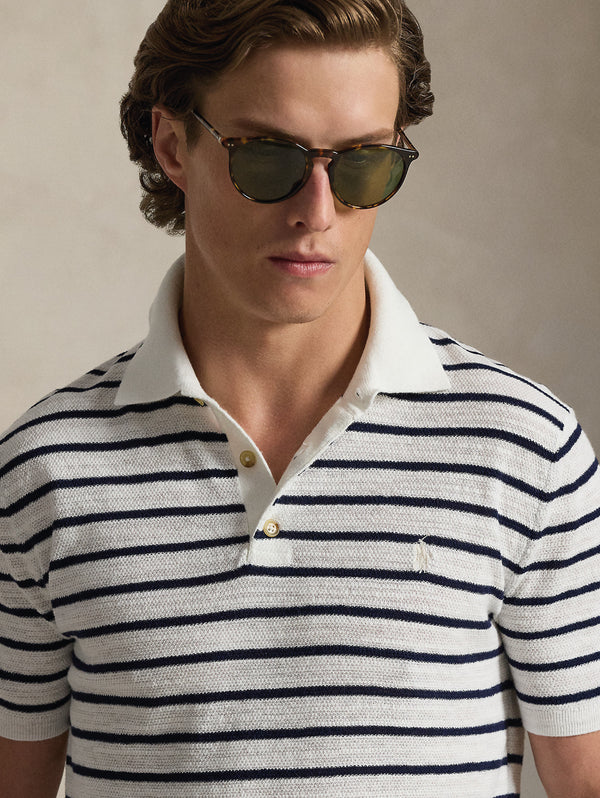Polo in Maglia Regular Fit a Righe Bianco/Blu