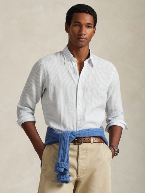 Camicia in Lino Custom Fit a Righe Bianco/Celeste