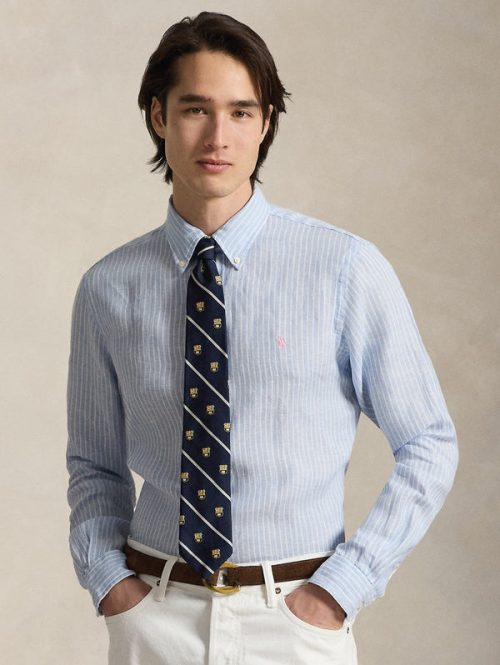 Camicia in Lino Custom Fit a Righe Celeste/Bianco