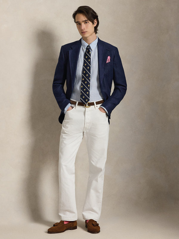 Camicia in Lino Custom Fit a Righe Celeste/Bianco