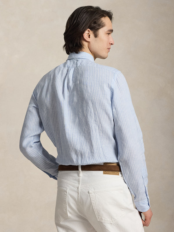 Camicia in Lino Custom Fit a Righe Celeste/Bianco