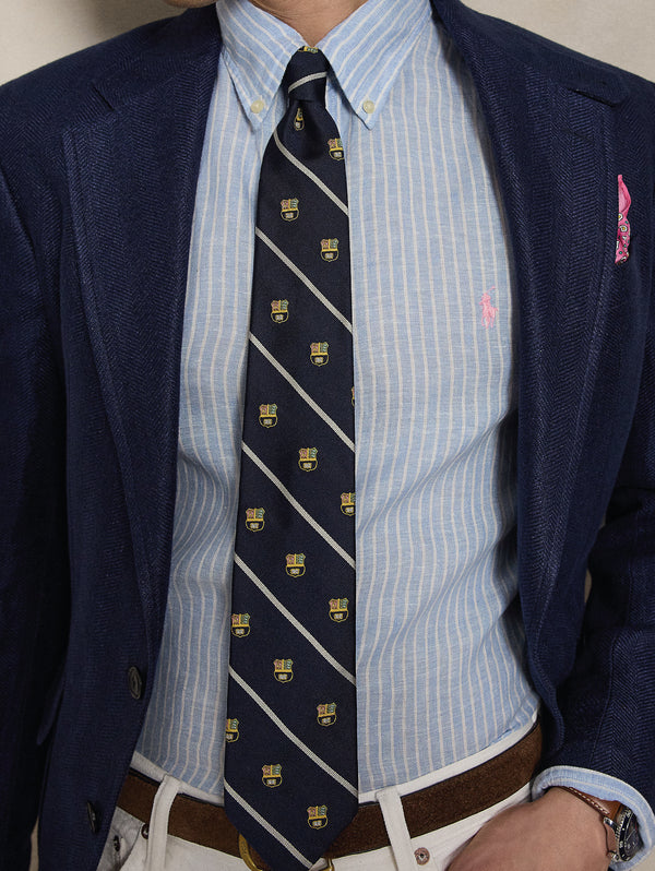 Camicia in Lino Custom Fit a Righe Celeste/Bianco