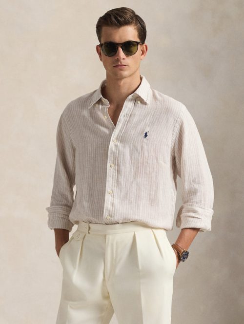 Camicia in Lino Custom Fit a Righe Beige/Bianco