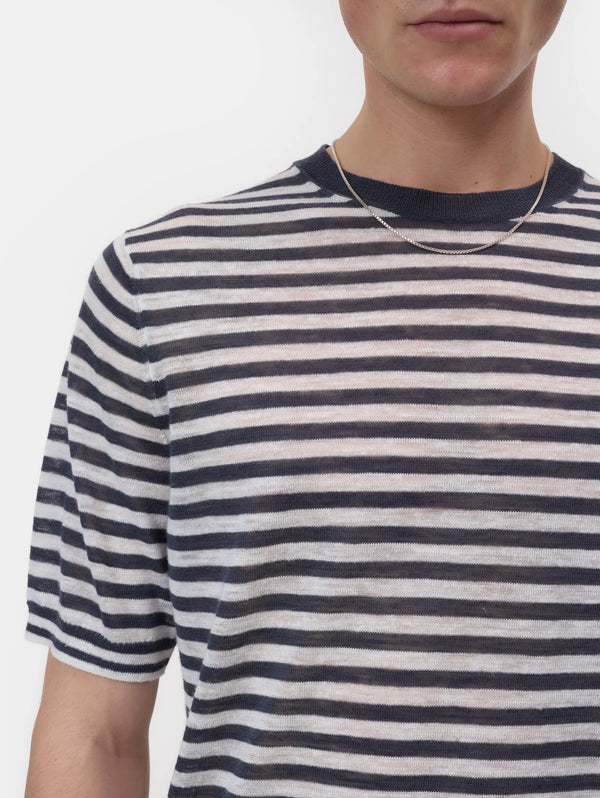 Maglia in Misto Lino a Righe Blu/Bianco