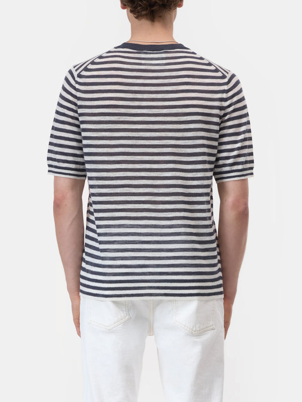Maglia in Misto Lino a Righe Blu/Bianco