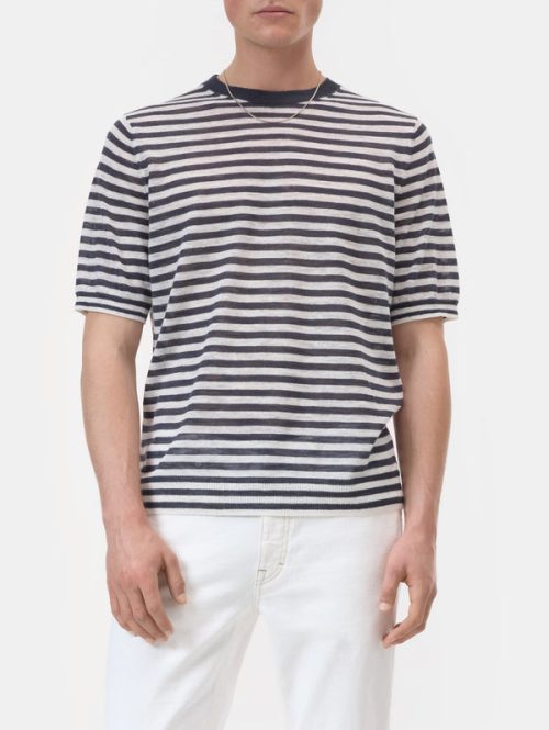 Maglia in Misto Lino a Righe Blu/Bianco