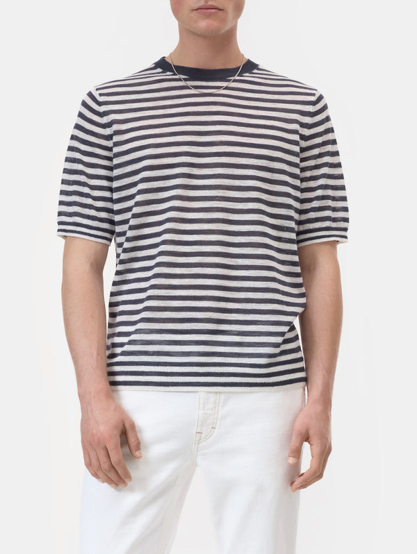 Maglia in Misto Lino a Righe Blu/Bianco
