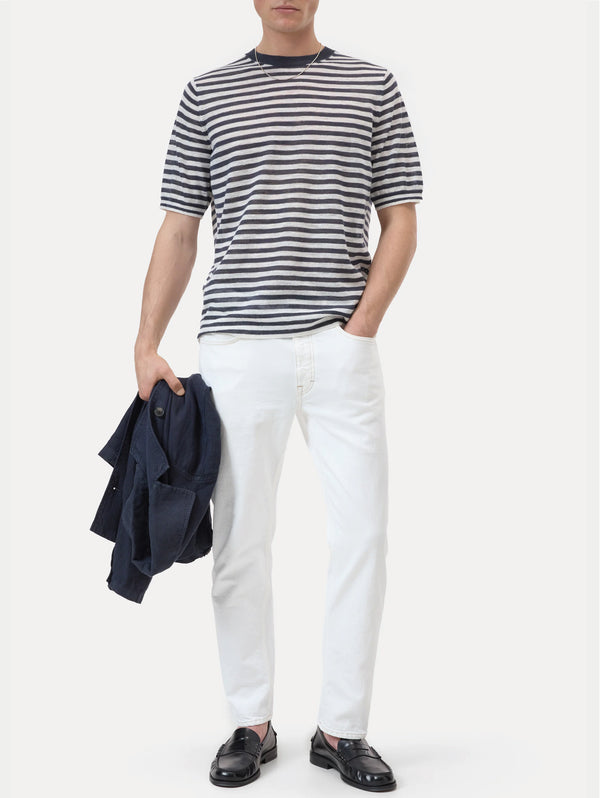 Maglia in Misto Lino a Righe Blu/Bianco