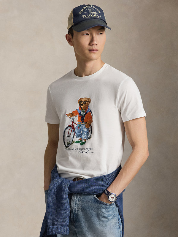 T-shirt Custom Slim con Polo Bear in Bici Bianco