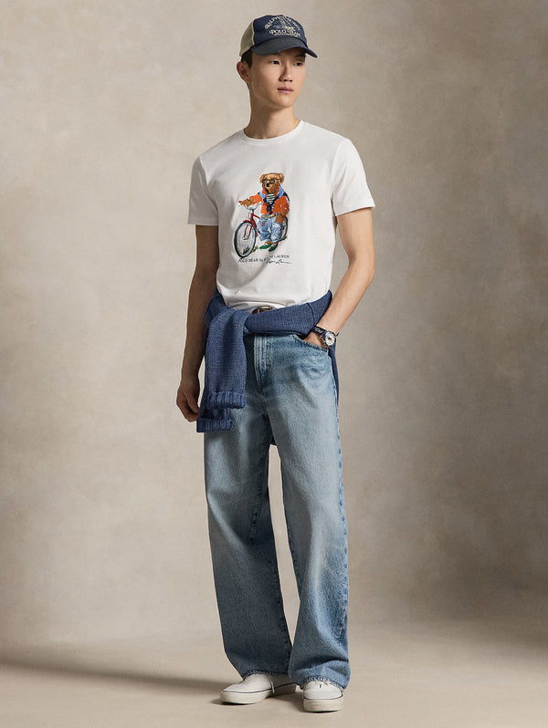 T-shirt Custom Slim con Polo Bear in Bici Bianco