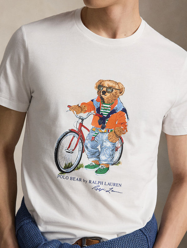 T-shirt Custom Slim con Polo Bear in Bici Bianco