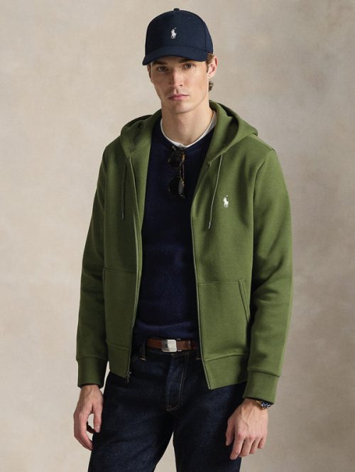 Felpa con Cappuccio e Zip in Maglia Doppia Verde Oliva