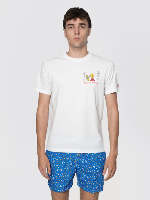 T-shirt con Ricamo Time is money e Stampa Paperino Bianco