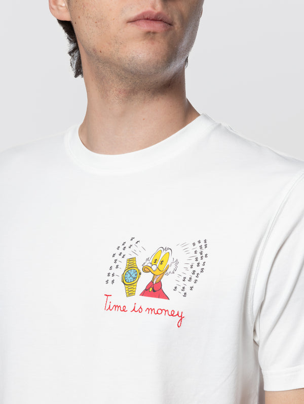 image-31_61fef1a7-cba5-46e7-b286-7920e639ee73_600x.jpg T-shirt con Ricamo Time is money e Stampa Paperino Bianco
