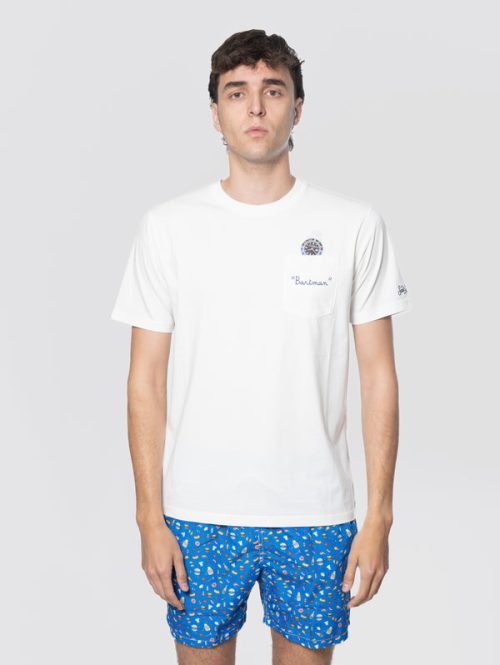 T-shirt con Taschino e Stampa con Ricamo Bartman Bianco