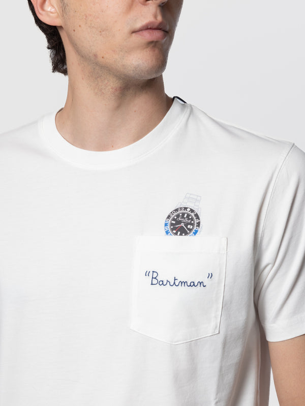 T-shirt con Taschino e Stampa con Ricamo Bartman Bianco