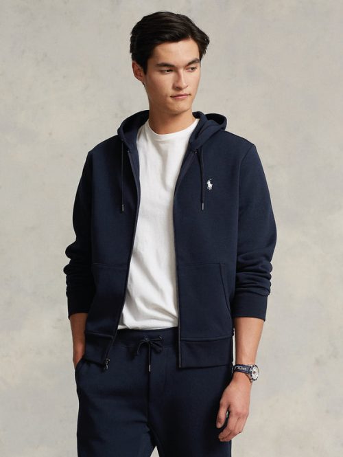 Felpa con Cappuccio e Zip in Maglia Doppia Blu